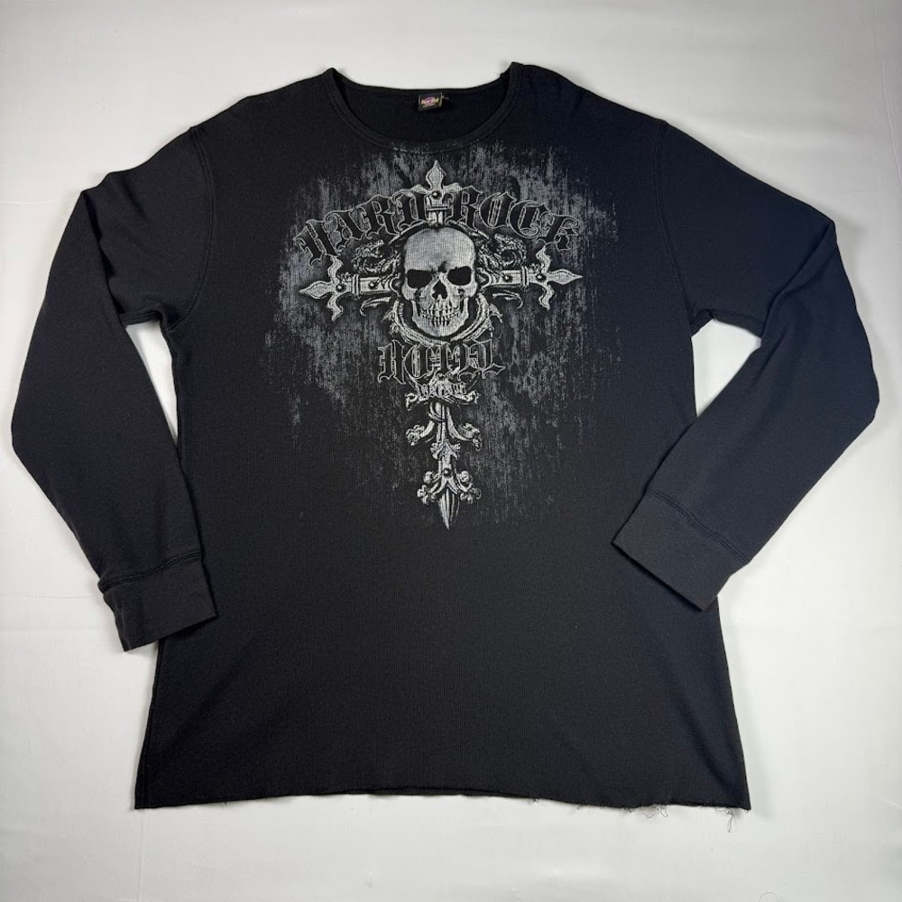 Hard Rock Hotel Las Vegas Mens XL Thermal Shirt Black Skull Cross Graphic Waffle
